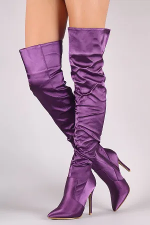 Slouchy Satin Pointy Toe Stiletto Over-The-Knee Boots