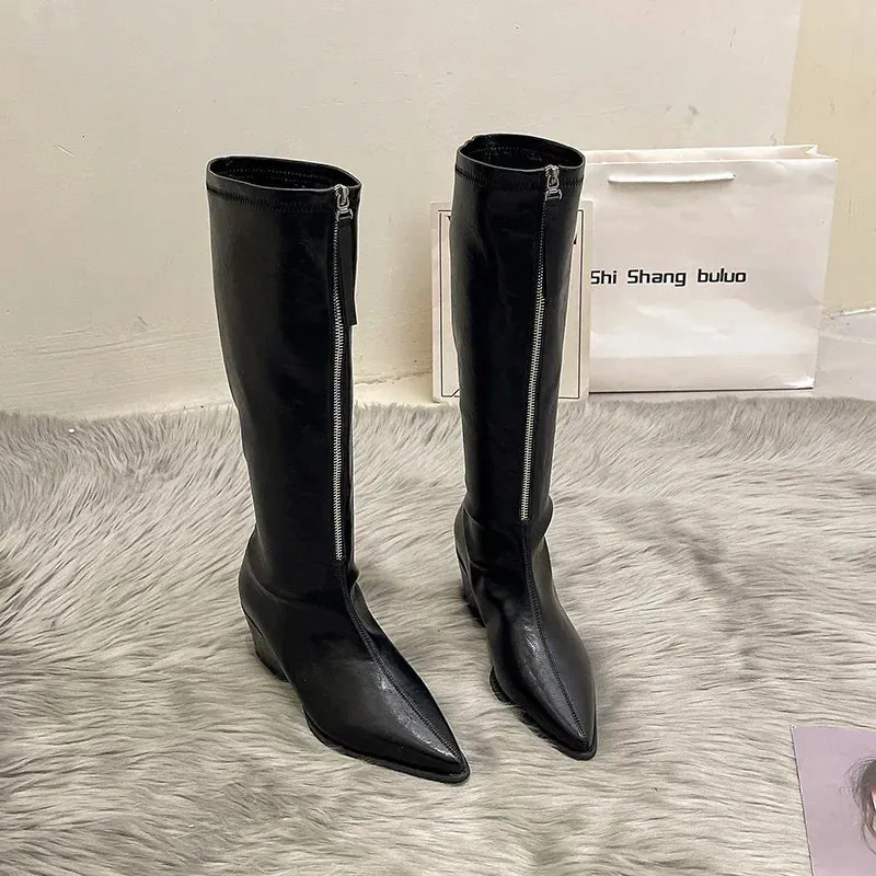 Sohiwoo Pointed Toe Women Knee High Boots Fashion Front Zippers Long Booties Elegant Thick Heels Shoes Botas Mujer