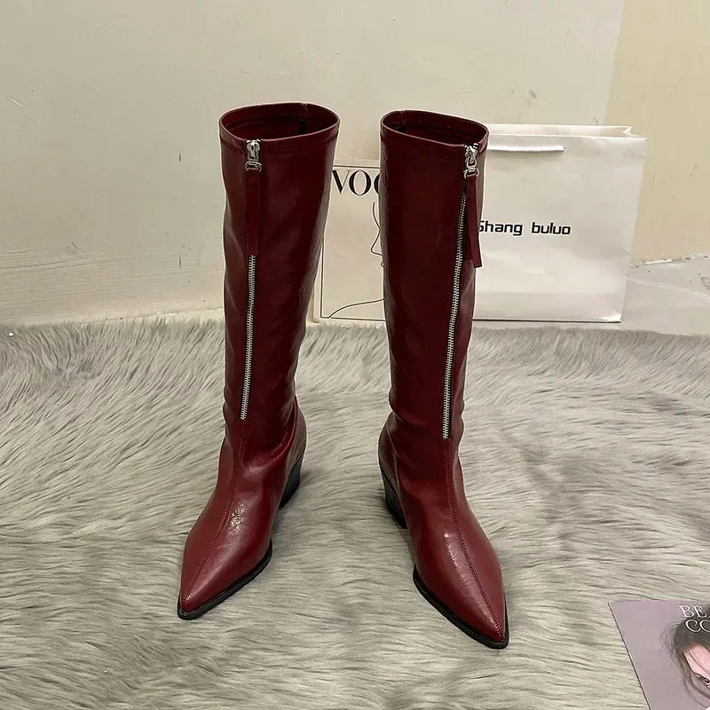 Sohiwoo Pointed Toe Women Knee High Boots Fashion Front Zippers Long Booties Elegant Thick Heels Shoes Botas Mujer
