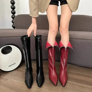 Sohiwoo Pointed Toe Women Knee High Boots Fashion Front Zippers Long Booties Elegant Thick Heels Shoes Botas Mujer