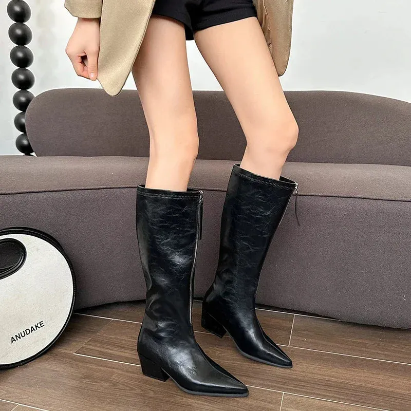 Sohiwoo Pointed Toe Women Knee High Boots Fashion Front Zippers Long Booties Elegant Thick Heels Shoes Botas Mujer