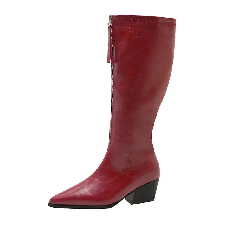 Sohiwoo Pointed Toe Women Knee High Boots Fashion Front Zippers Long Booties Elegant Thick Heels Shoes Botas Mujer