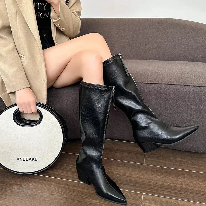 Sohiwoo Pointed Toe Women Knee High Boots Fashion Front Zippers Long Booties Elegant Thick Heels Shoes Botas Mujer