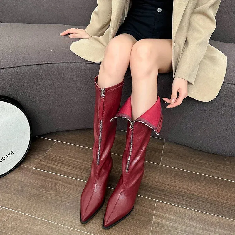 Sohiwoo Pointed Toe Women Knee High Boots Fashion Front Zippers Long Booties Elegant Thick Heels Shoes Botas Mujer