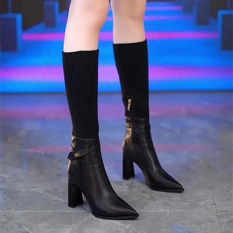 Sohiwoo Vintage Pointed Toe Women Knee High Boots Fashion Knit Long Booties Square Heels Stripper Shoes Botas Mujer