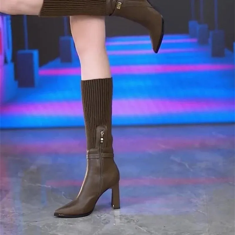 Sohiwoo Vintage Pointed Toe Women Knee High Boots Fashion Knit Long Booties Square Heels Stripper Shoes Botas Mujer