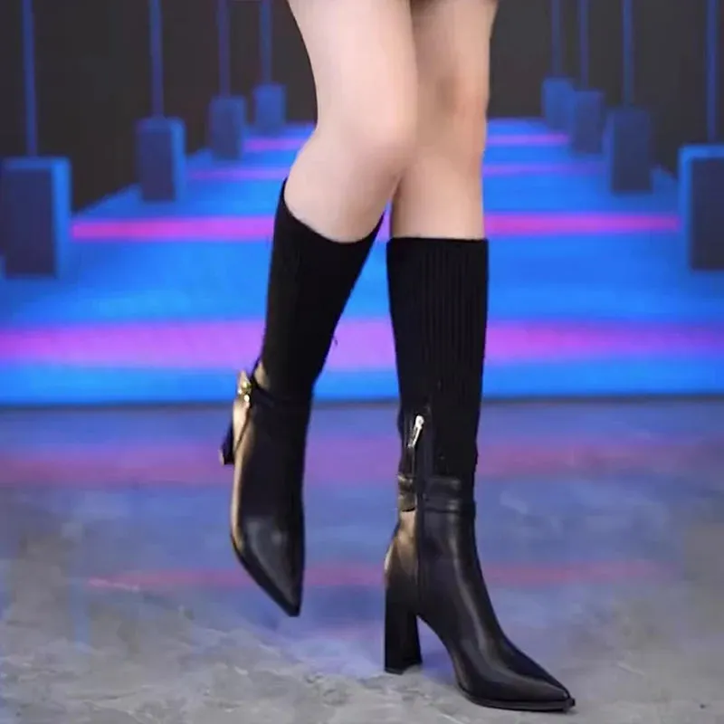 Sohiwoo Vintage Pointed Toe Women Knee High Boots Fashion Knit Long Booties Square Heels Stripper Shoes Botas Mujer