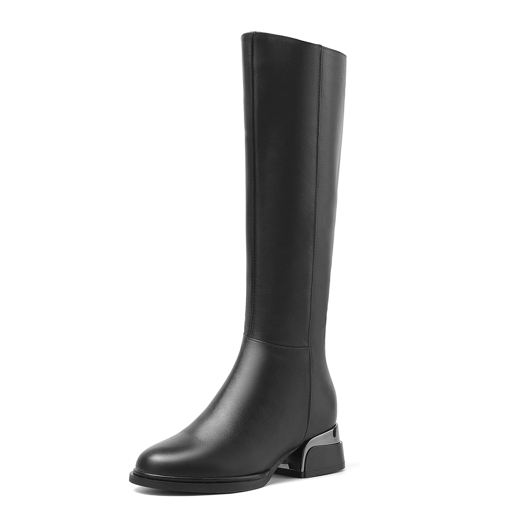 TinaCus Women's Genuine Leather Round Toe Handmade Side Zipper Low Chunky Heels Classic Knee High Boots