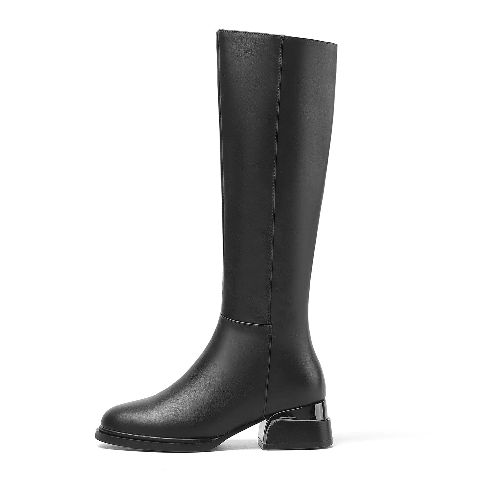 TinaCus Women's Genuine Leather Round Toe Handmade Side Zipper Low Chunky Heels Classic Knee High Boots