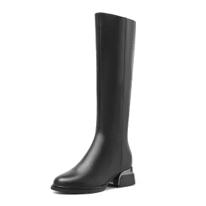 TinaCus Women's Genuine Leather Round Toe Handmade Side Zipper Low Chunky Heels Classic Knee High Boots