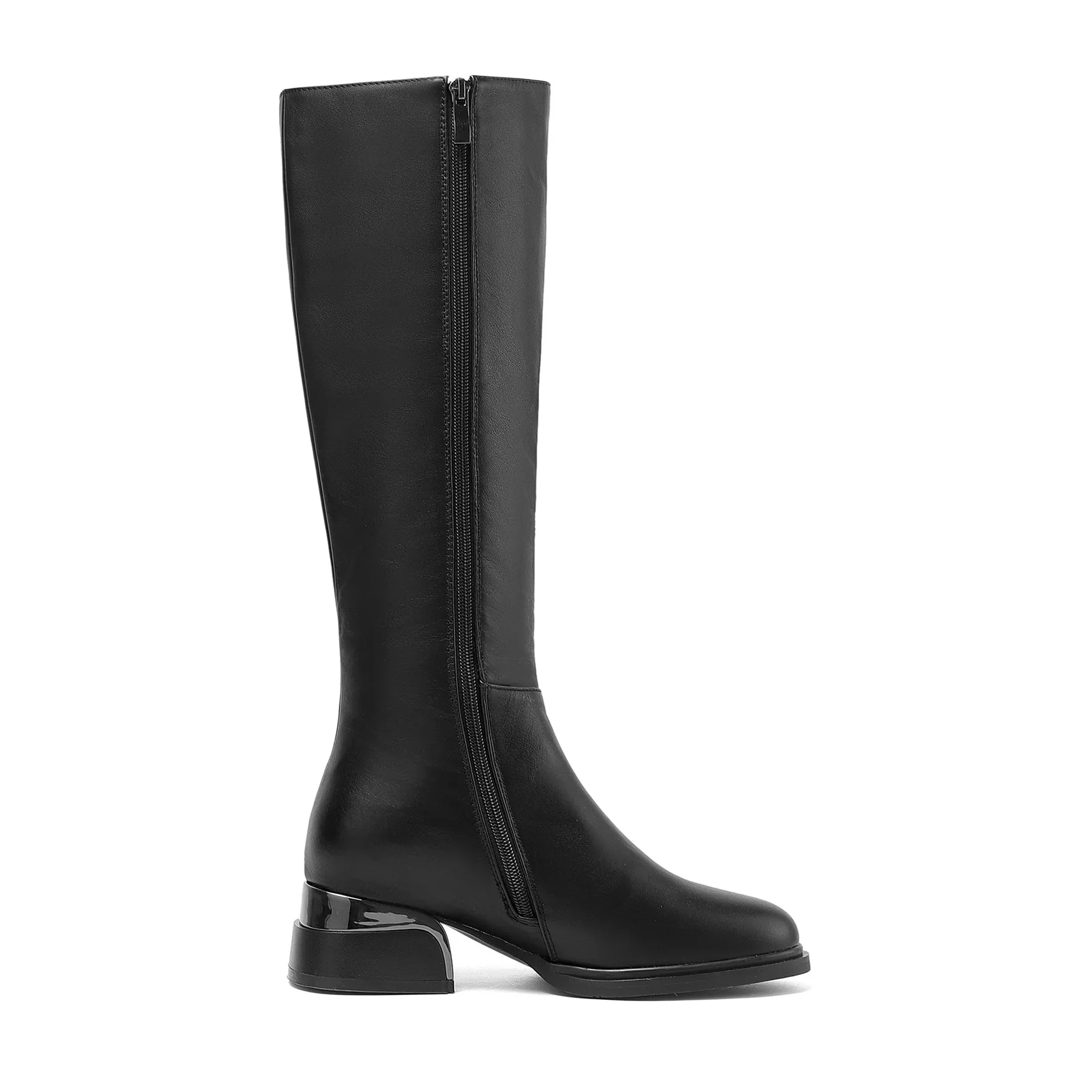 TinaCus Women's Genuine Leather Round Toe Handmade Side Zipper Low Chunky Heels Classic Knee High Boots