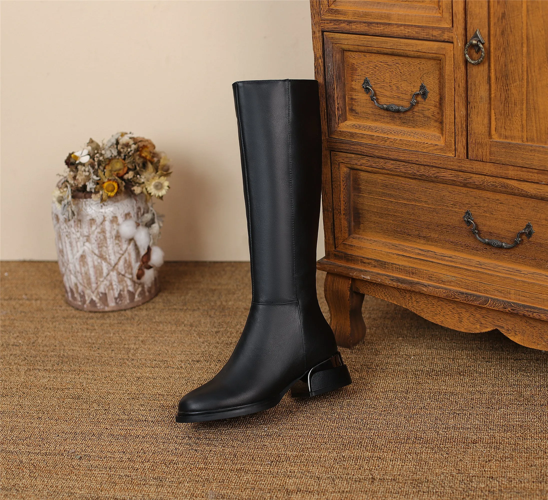 TinaCus Women's Genuine Leather Round Toe Handmade Side Zipper Low Chunky Heels Classic Knee High Boots
