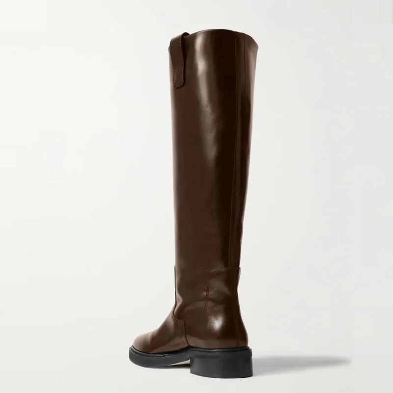 TinaCus Women's Round Toe Genuine Leather Handmade Block Low Heels Knee High Boots