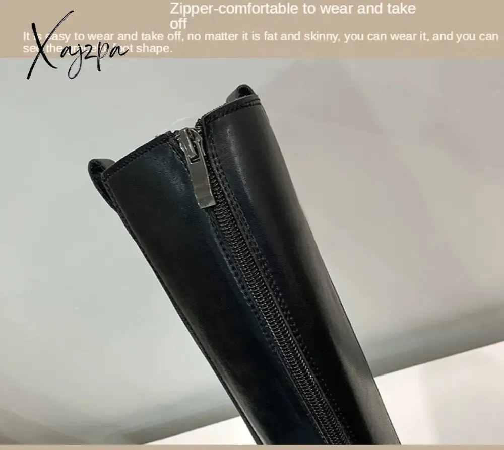 Xajzpa - 2023 Woman Boots Fashion Waterproof Winter Shoes Zipper PU Leather Knee High Boots Non-slip Women Chunky Platform Shoes Long Boots