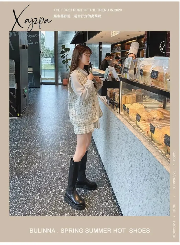 Xajzpa - 2023 Woman Boots Fashion Waterproof Winter Shoes Zipper PU Leather Knee High Boots Non-slip Women Chunky Platform Shoes Long Boots