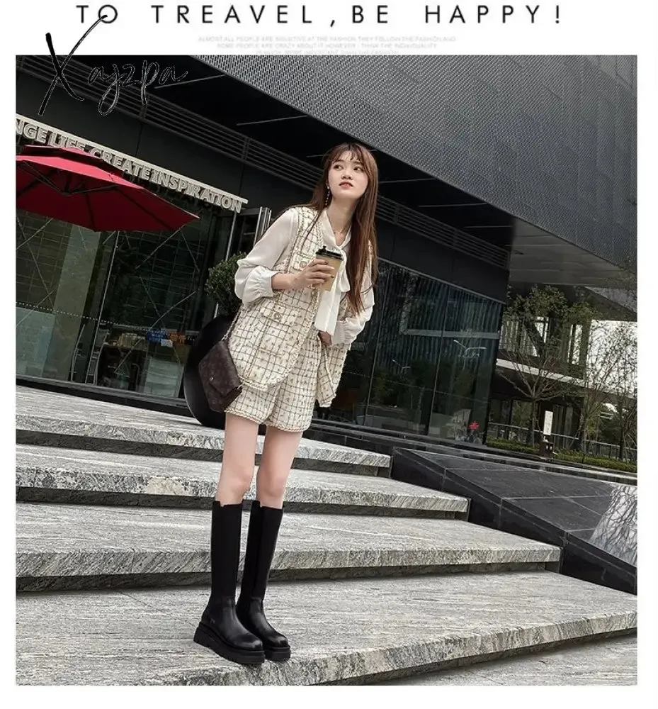 Xajzpa - 2023 Woman Boots Fashion Waterproof Winter Shoes Zipper PU Leather Knee High Boots Non-slip Women Chunky Platform Shoes Long Boots