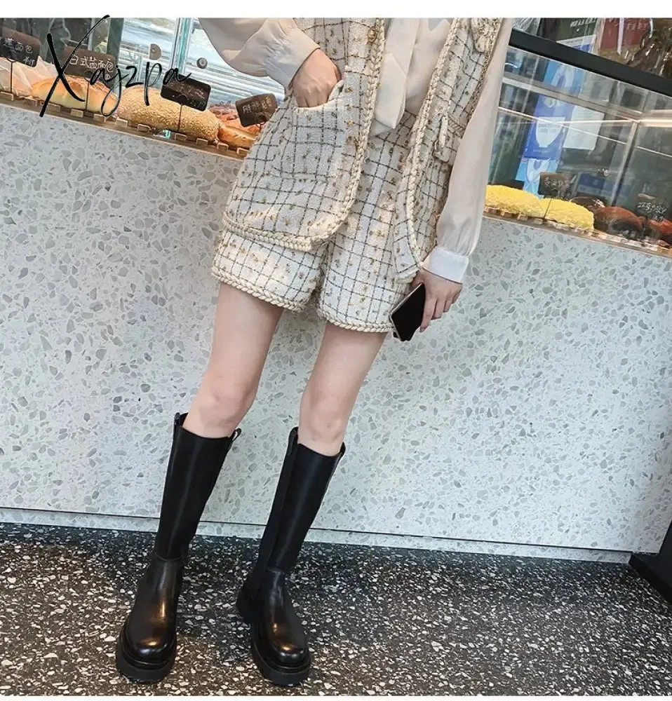 Xajzpa - 2023 Woman Boots Fashion Waterproof Winter Shoes Zipper PU Leather Knee High Boots Non-slip Women Chunky Platform Shoes Long Boots