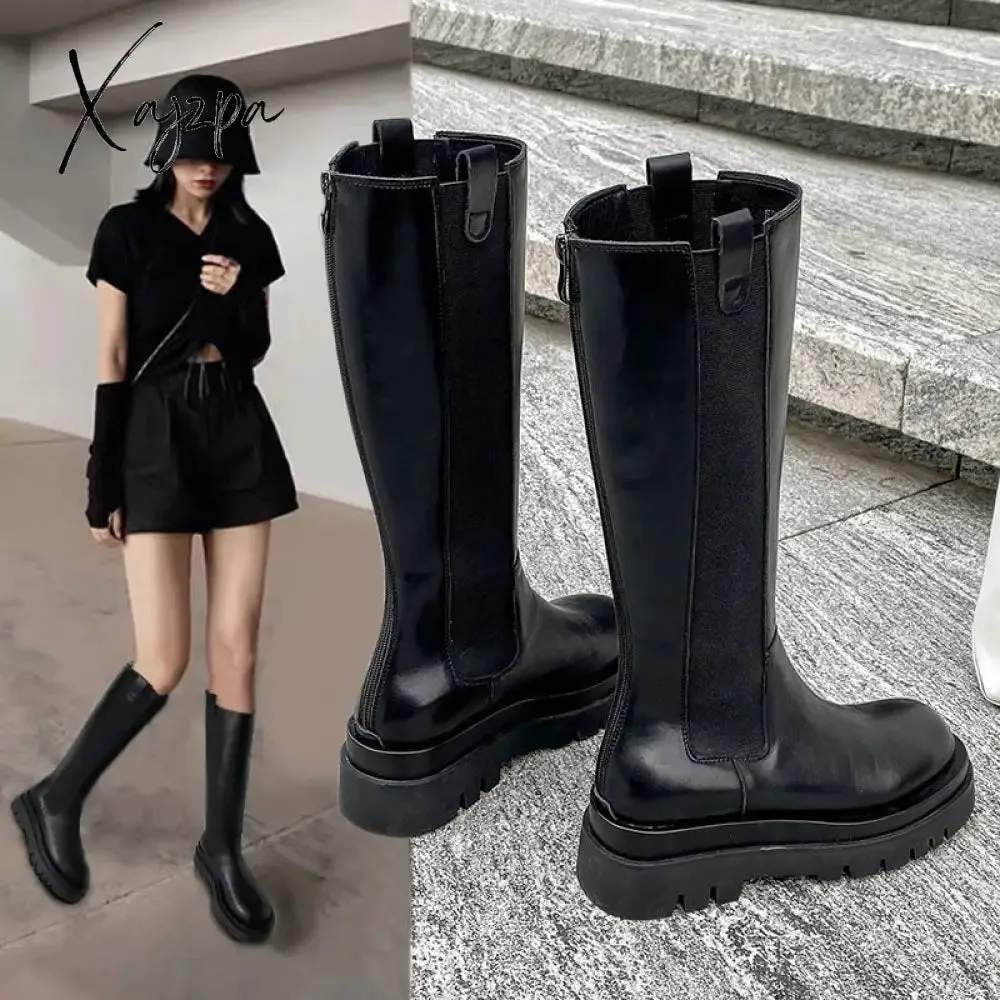Xajzpa - 2023 Woman Boots Fashion Waterproof Winter Shoes Zipper PU Leather Knee High Boots Non-slip Women Chunky Platform Shoes Long Boots