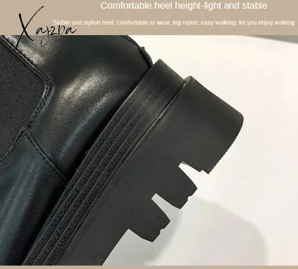 Xajzpa - 2023 Woman Boots Fashion Waterproof Winter Shoes Zipper PU Leather Knee High Boots Non-slip Women Chunky Platform Shoes Long Boots