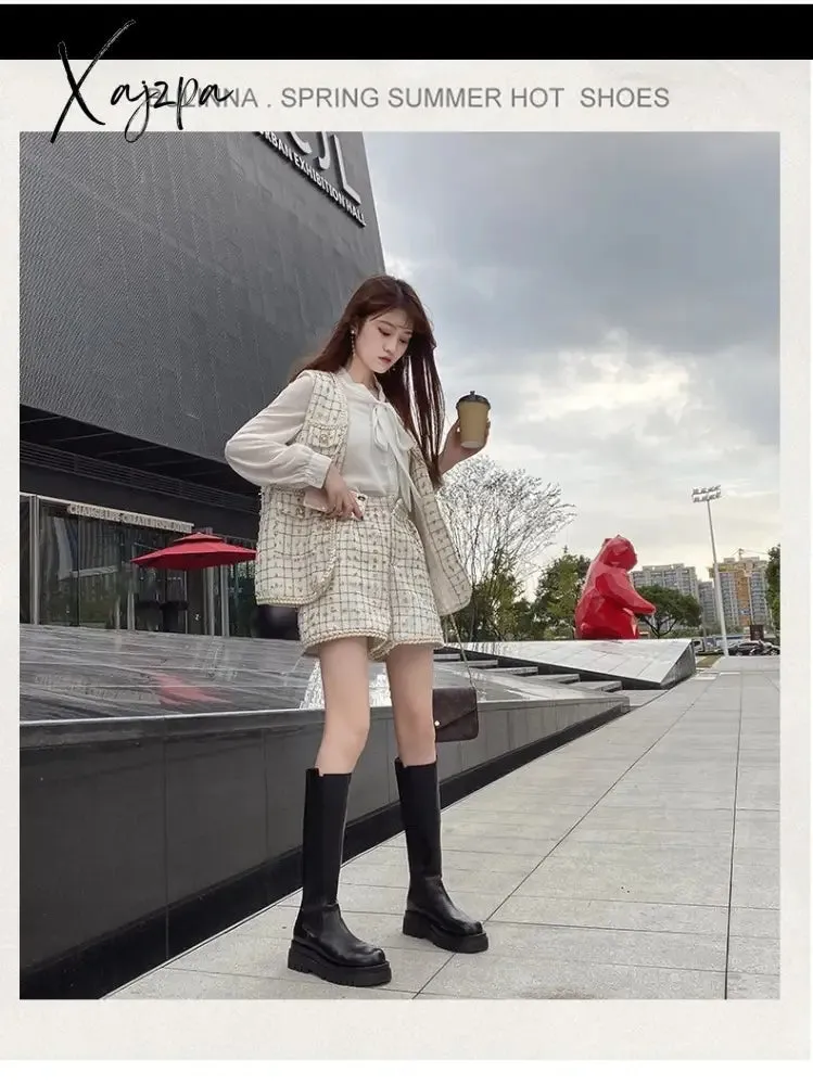 Xajzpa - 2023 Woman Boots Fashion Waterproof Winter Shoes Zipper PU Leather Knee High Boots Non-slip Women Chunky Platform Shoes Long Boots