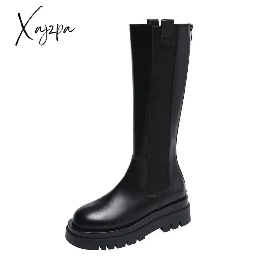 Xajzpa - 2023 Woman Boots Fashion Waterproof Winter Shoes Zipper PU Leather Knee High Boots Non-slip Women Chunky Platform Shoes Long Boots