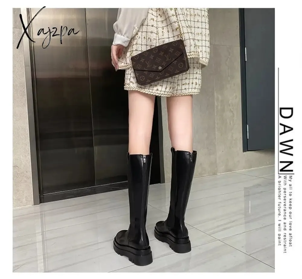 Xajzpa - 2023 Woman Boots Fashion Waterproof Winter Shoes Zipper PU Leather Knee High Boots Non-slip Women Chunky Platform Shoes Long Boots