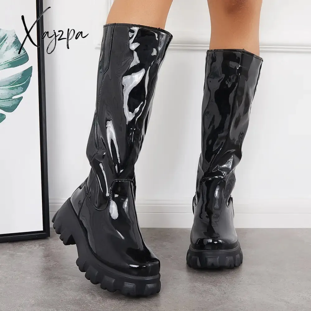 Xajzpa - Patent Leather Platform Chunky Sole Knee High Boots