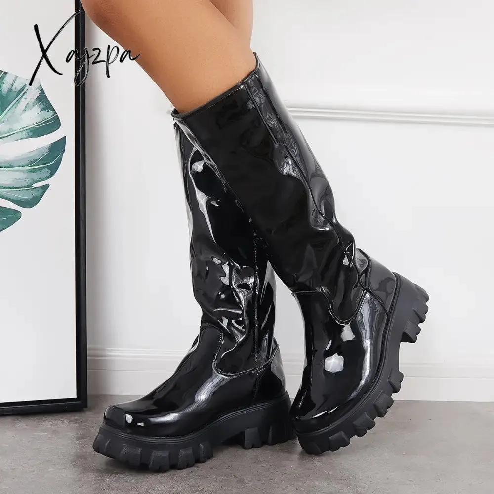 Xajzpa - Patent Leather Platform Chunky Sole Knee High Boots