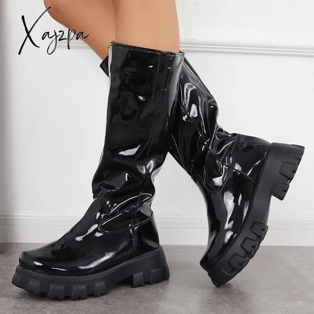 Xajzpa - Patent Leather Platform Chunky Sole Knee High Boots