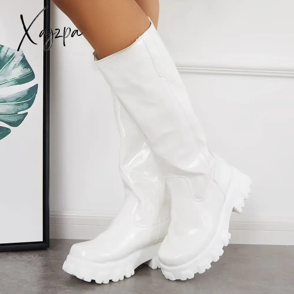 Xajzpa - Patent Leather Platform Chunky Sole Knee High Boots