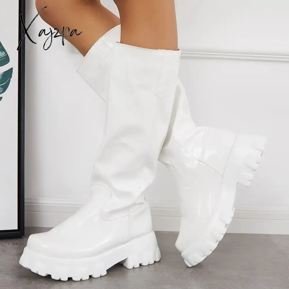 Xajzpa - Patent Leather Platform Chunky Sole Knee High Boots